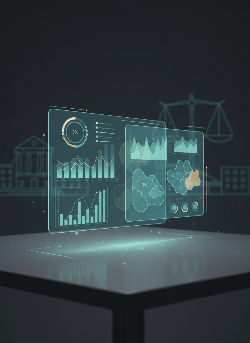 A conceptually rich digital-art image of a donation-focused dashboard displayed as a floating, holographic interface above a smooth, charcoal desk. The interface is composed of translucent panels showing abstract bar segments, circular progress arcs, and region-based shapes, all in calm blues and greens with accent golds. No text or numbers are legible, only symbolic indicators of impact and allocation across multiple centers of governance. In the background, abstract outlines of civic buildings and balanced scales emerge from the darkness, suggesting fairness and accountability in funding a new constitution and democratic institutions. Soft, cool studio lighting illuminates the interface from below, casting a subtle glow on the desk and faint reflections. Shot from an eye-level angle with shallow depth of field, the atmosphere is professional, trustworthy, and data-driven, encouraging thoughtful donations to civic reform.