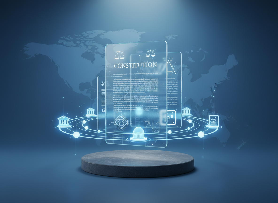 A clean digital-art scene of a transparent, layered constitution made of glass-like panels hovering above a polished stone pedestal. Each panel is etched with intricate, abstract symbols and geometric shapes that imply legal articles and civic rights without using actual text. Surrounding the constitution are concentric rings of softly glowing nodes, each node representing a different center of democratic authority, connected by subtle, luminous pathways. The background is a serene, deep blue gradient with faint outlines of a continent, suggesting the United States in transformation. Soft, diffused studio lighting creates gentle reflections on the glass edges and a calm, analytical atmosphere. Framed in a centered, symmetrical composition with a sense of depth and clarity, the image conveys constitutional reform, complexity, and professional civic education.