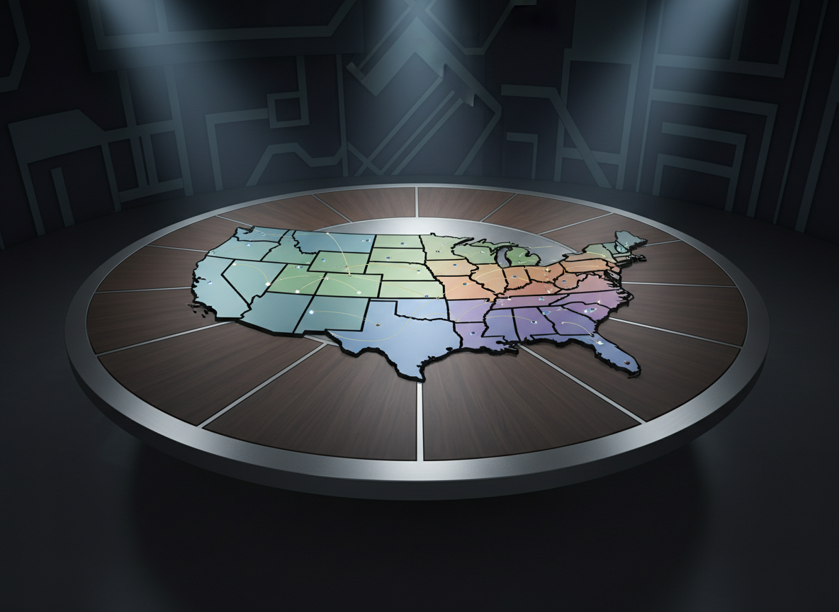 A stylized digital-art illustration of a vast, circular table made of brushed steel and dark walnut, its surface engraved with a complex map of the United States divided into multiple interlocking regions. Each region glows with a different muted color, connected by fine, luminous lines representing shared governance and civic collaboration. The table floats in a minimalist, darkened chamber whose walls fade into abstract, geometric patterns suggesting constitutional text and democratic principles, but without any readable writing. Cool, focused overhead lighting casts crisp highlights on the metallic edges and soft shadows beneath the table. Composed from a slightly elevated angle with sharp focus throughout, the mood is professional, thoughtful, and forward-looking, perfectly suited to exploring the foundations of a new American democracy and multi-polar governance.