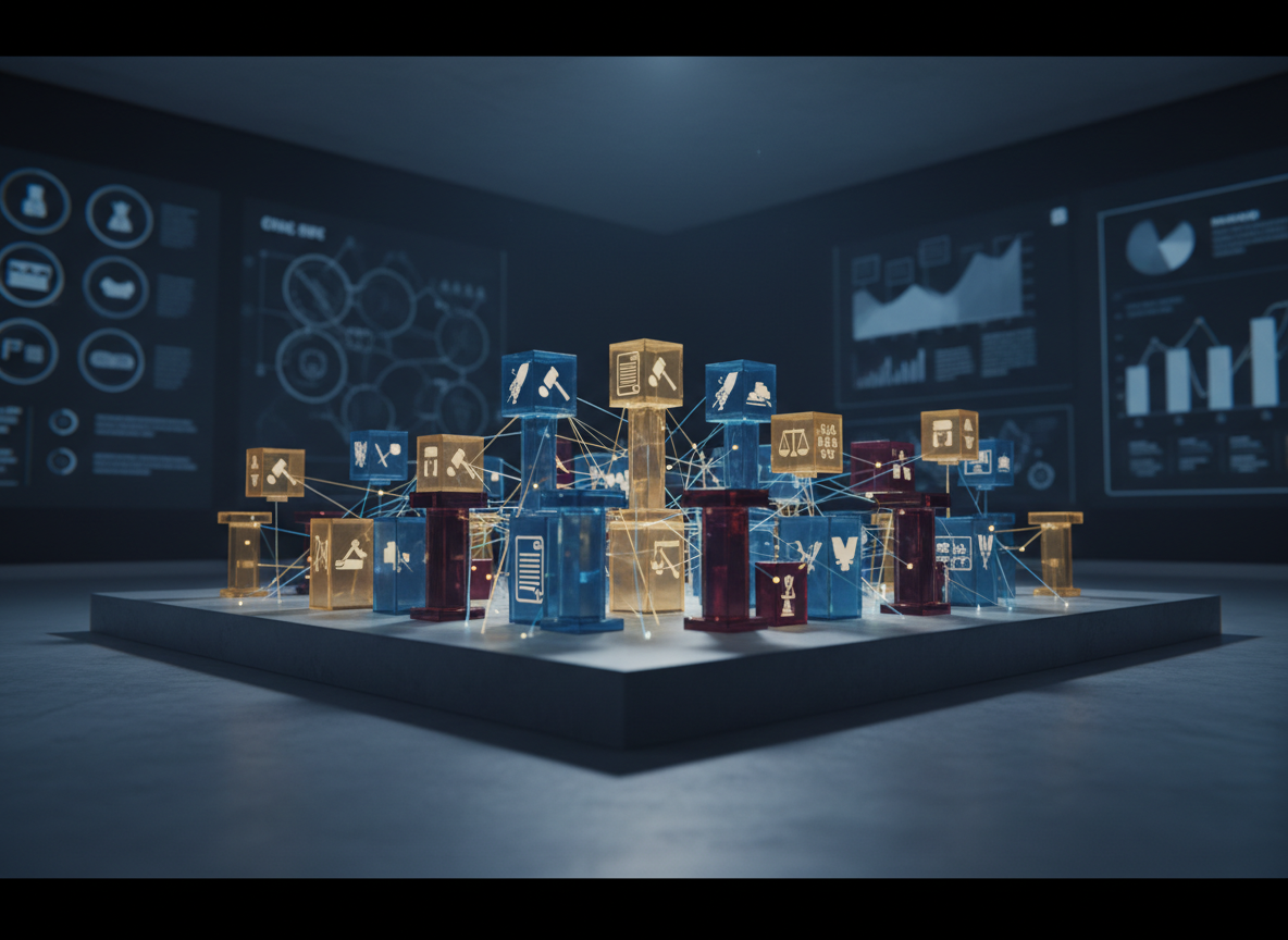 A digital-art illustration of an intricate three-dimensional model of American democracy, composed of interlocking, translucent cubes and columns arranged on a large, slate-gray platform. Each cube is a different shade of blue, gold, or burgundy, with embedded icon-like shapes hinting at legislative, judicial, and executive functions alongside local and regional councils. Fine, glowing lines weave between them, showing multi-polar governance and distributed power. The platform rests in a minimalist educational studio with large, dark walls displaying blurred, abstract charts and civic diagrams. Cool, directional side lighting creates crisp edges and long, soft shadows, emphasizing depth and structure. Captured from a low, cinematic angle with a strong sense of perspective, the mood is rigorous, modern, and analytical, ideal for explaining advanced political theory and institutional design.