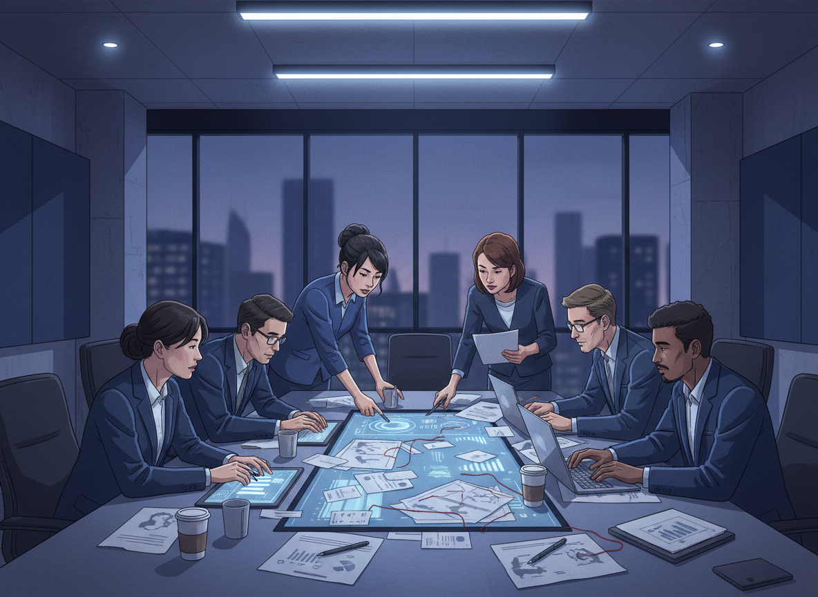 A group of diverse professionals gathered around a large table, investigating and analyzing documents, maps, and data together. The atmosphere is collaborative and focused — people leaning in, pointing at papers, discussing findings. The setting is a modern meeting room with professional lighting. The image conveys serious analytical work, investigation, and collaborative problem-solving. Clean, professional digital art style with a deep blue and neutral color palette.