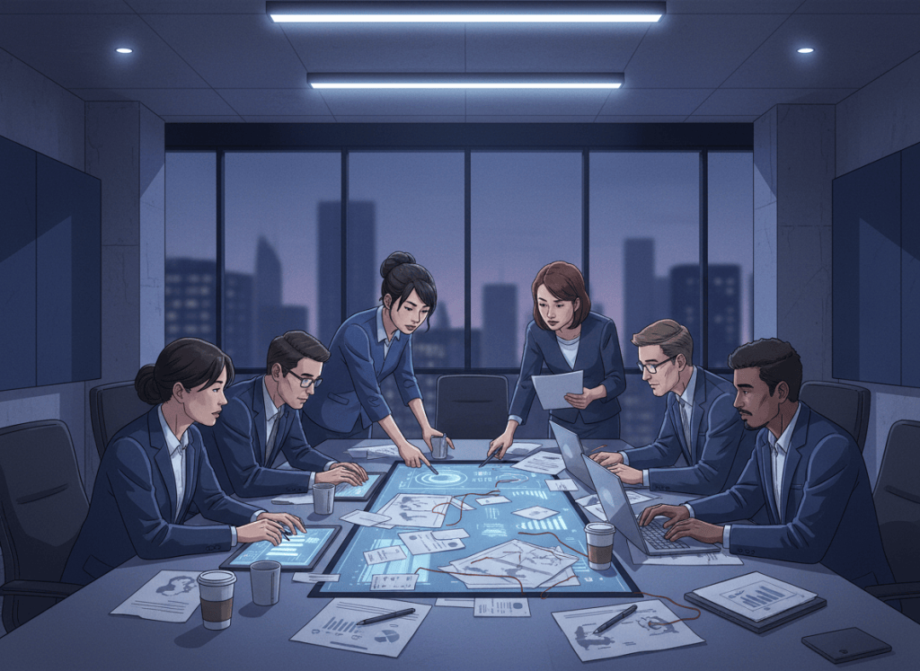 A group of diverse professionals gathered around a large table, investigating and analyzing documents, maps, and data together. The atmosphere is collaborative and focused — people leaning in, pointing at papers, discussing findings. The setting is a modern meeting room with professional lighting. The image conveys serious analytical work, investigation, and collaborative problem-solving. Clean, professional digital art style with a deep blue and neutral color palette.