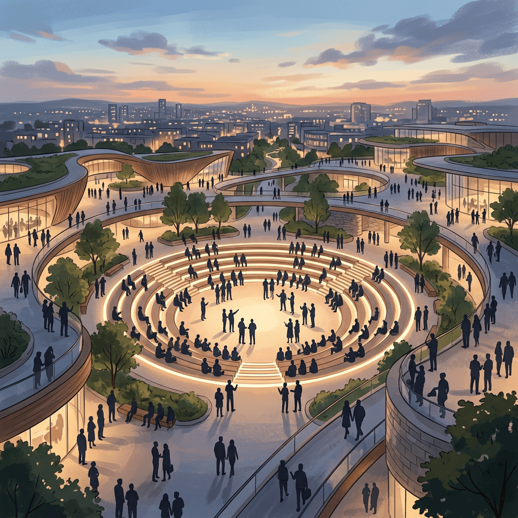 Open circular forum with diverse silhouettes